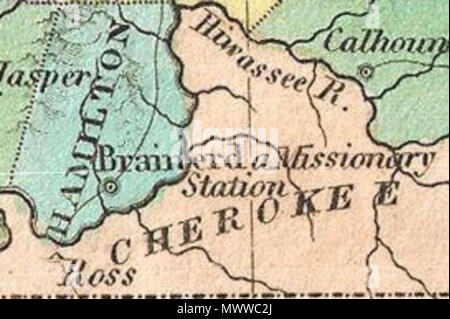 . Englisch: ein wunderschönes Beispiel von Finley's wichtige Karte 1827 von Tennessee. Zeigt den Zustand mit moderaten Detail in Finley's Classic minimalistischem Stil. Zeigt den Fluss Wege, Straßen, Kanälen, und einige topographische Merkmale. Angebote Farbcodierung auf der Ebene der Landkreise. Titel und der Maßstab im oberen linken Quadranten. Finley's Karte von Tennessee ist besonders interessant und wichtig wegen seiner Darstellung der sich schnell wandelnden Indianische Situation im Südosten des Staates. Im Jahre 1827 einen wesentlichen Teil der südöstlichen Tennessee und nordwestlichen Georgia wurde ein begrenztes Gebiet der L Stockfoto