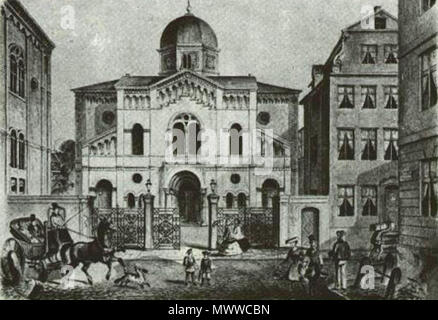 . Deutsch: Das ehemalige Hauptsynagoge der Hamburger German-Israelite Gemeinde war am 19./20. an den Kohlhoefen im neuen Stadtteil. Von Albrecht Rosengarten entworfen und 1859 errichtet, war es die erste Synagoge in Hamburg so positioniert, dass sie von der Straße aus sichtbar war, obwohl es dennoch aus war durch eine Mauer abgeschirmt. Das Gebäude stand, bis er im Jahr 1934 als städtischer Erneuerung messen dem Erdboden gleichgemacht wurde. Deutsch: Die ehemalige Hauptsynagoge der Deutsch-Israelitischen Gemeinde stehen an den Kohlhöfen 19/20 in der Hamburger Neustadt. 1859 nach Plänen des Architekten Albrecht Rosengarten Stockfoto