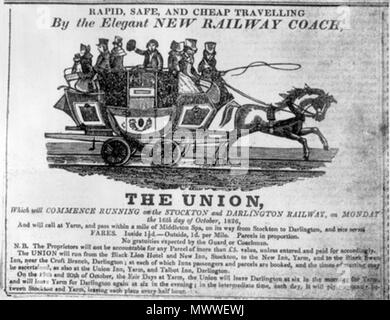 . In den frühen Tagen, Passagiere auf die Stockton & Darlington Railway wurden in Pferd durchgeführt - Trainer erstellt. Die Europäische Union startete im Oktober 1826. Diese Mitteilung für die Passagiere gibt Details zu den neuen Trainer, darunter die hält den Trainer machen wird, den Zeitplan für die Reisen, Tarife und die Menge an Gepäck, die ergriffen werden könnten. 1826. 602 Die Union, Oktober 1826 Tagesplan Stockfoto