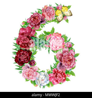 Nummer Sechs der Aquarellmalerei Blumen, isolierte Hand auf einen weißen Hintergrund, Hochzeit Design gezeichnet, englische Alphabet Stockfoto