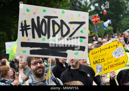 Goslar, Deutschland. 2. Juni 2018. Eine Demonstrantin hält ein Schild mit der Aufschrift '#NOTDDZ" (Abkürzung für "Kein Tag der Deutschen Zukunft'), negieren die Losung einer nahe gelegenen NS-März. Das Goslar Bündnis gegen Rechtsextremismus ist die Abwehr der Demonstration 'Tag der Deutschen Zukunft' mit ihren eigenen Demonstration mit dem Titel 'Goslarer Zukunft bleibt bunt - kein Platz für Rassismus!". Foto: Swen Pförtner/dpa Quelle: dpa Picture alliance/Alamy leben Nachrichten Stockfoto