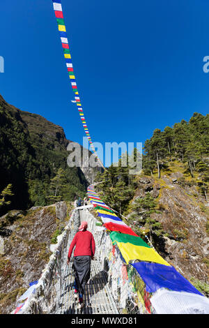 Porter Überquerung einer Hängebrücke in tibetischen Gebetsfahnen geschmückt, Sagarmatha Nationalpark, UNESCO, Khumbu Valley, Nepal, Asien Stockfoto