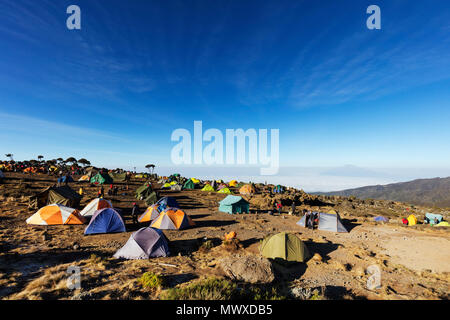 Zelte auf Umbwe Camp mit Blick auf den Mount Meru, 4565 m, Kilimanjaro Nationalpark, UNESCO-Weltkulturerbe, Tansania, Ostafrika, Südafrika Stockfoto