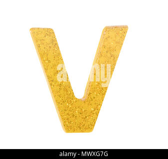 Buchstabe V alphabet Symbol, Englisch schreiben, englische Alphabet aus gelben (Goldenen) auf einen weißen Hintergrund mit Freistellungspfaden. Stockfoto