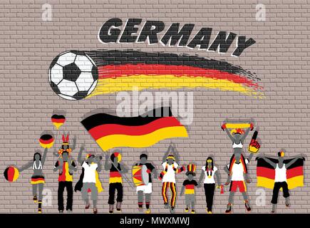 Deutsche Fußball-Fans mit Deutschland Fahne Farben vor Fußball Graffiti. Alle Objekte sind in verschiedenen Schichten und der Text -Typen tun Stock Vektor
