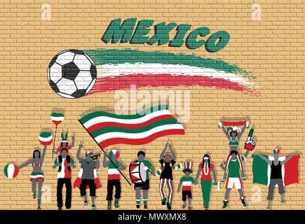 Mexikanische Fußball-Fans mit Mexiko Flagge Farben vor Fußball Graffiti. Alle Objekte sind in verschiedenen Schichten und der Text -Typen tun Stock Vektor