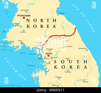 Koreanische Halbinsel, entmilitarisierte Zone, politische Karte. Nord- und Südkorea mit militärischen Demarkationslinie, Hauptstädte, Grenzen, die wichtigsten Städte. Stockfoto