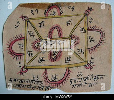 . Englisch: Zwei-seitig Yantra Karten, bequem tragbaren (Kerala, 18 C.?) Quelle: ebay, Mai 2005. Kerala, 18.?. Unbekannt 618 2-seitig Yantra Karten, bequem tragbaren 01. Stockfoto