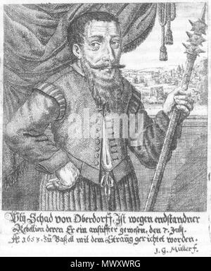 . Uly (oder Ueli) Schad, ein Weber aus Oberdorf, Basel-Land, Schweiz. Eine der "Rädelsführer" der ländlichen Bevölkerung von Basel im Schweizer bauernkrieg von 1653 berücksichtigt, die von den Behörden von Basel, wurde er am 24. Juli gehängt, 1653 (Juli 14, 1653 Nach dem Julianischen Kalender dann noch in Basel). Sechs andere Bauern Führer wurden am selben Tag enthauptet. Siehe auch Bild: Hinrichtungen Basel 1653.jpg und Bild: Hinrichtungen Basel 1653 farbige.jpg. 1653. J. G. Müller 620 Uly Schad Stockfoto