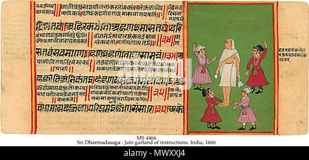 . Englisch: [1] MS in der Jain Prakrit und Alten Gujaranti auf Papier, Rupnagar, Rajastan, Indien, 1666, 76 ff. (16 ff.), 11 x 25 cm, einspaltig, (10 x 22 cm), 4 Zeilen Text, 2-4 Zeilen interlinear Kommentar für jede Textzeile, in der Jain Devanagari buch Skript, mit roten und gelben, 17 Gemälde in Farben meist der Svetambara Mönche von der Moghul-stil beeinflusst gefüllt. Der Text ist eine Prakrit didaktischen Arbeit, wie man am besten eine ordnungsgemäße Jain leben, wahrscheinlich, die darauf abzielen, die Laien zu leben. Der svetambara Papst Sri Dharmadasagaî lebte Mitte 6. c. Die alte Gujarati Prosa Kommentar wurde 1487 geschrieben. Das kolophon g Stockfoto