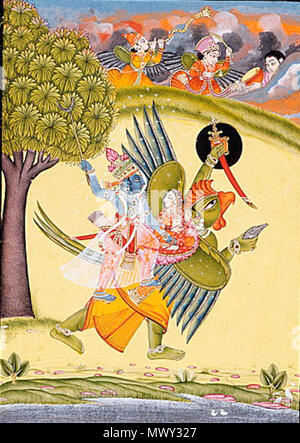 . Englisch: Narayana (Vishnu) Reiten auf Garuda mit Shri Lakshmi Malerei, Aquarell, Aquarell, Gold, Silber auf Papier Blatt 10 3/8 x 8 in. (26,35 x 20,32 cm); Bild: 8 3/8 x 5 7/8 in. (21.27 x 14.92 cm) Norsk nynorsk: Visjnu og Laksjmi rir på Garuda. . Ca. 1730 235 Garuda Vishnu Laxmi Stockfoto