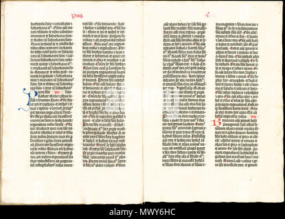 . Englisch: Vom 36 Verbreitung der Bibel gedruckt in 1458 - 1460 s in Bamberg. Kopie der Bayerischen Staatsbibliothek. Русский: Разворот из Библии, 36 строчной напечатанной в 1458 - 1460-х годах в Бамберге. Из экземпляр Баварской государственной библиотеки. 1458 - 1460. Unbekannter Drucker. Mai Johannes Gutenberg oder Albrecht Pfister. 16 36 Online Bibel Stockfoto