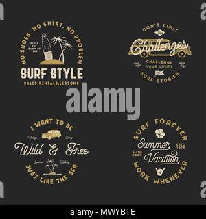 Vntage Hand gezeichnet Surfen Grafiken und Embleme für Web Design oder Drucken. Surfer Logos. Surf-Logo. Sommer surfen logo Typografie insignia Sammlung. Lieferbar hipster Patches isoliert auf Schwarz Stockfoto