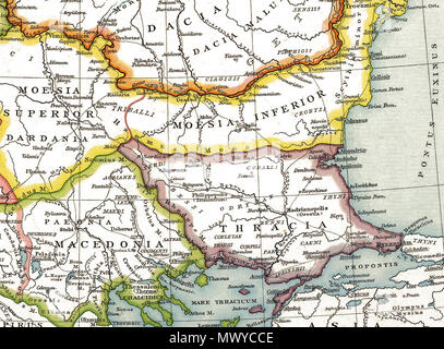 . English: Provinz Thrakien - Ausschnitt aus einer größeren Karte folgenden Inhalts: Die unteren Donauländer zur Römerzeit. Alte historische Karte aus Droysens historischem Handatlas, 1886 Englisch: römische Provinz Thracia - Ausschnitt aus einer größeren Karte: Die römischen Provinzen von der unteren Donau. Alte historische Karte von Droysens historischen Atlas, 1886. 1886. Gustav Droysen (1838 - 1908) 606 Thrakien Ausschnitt aus der römischen Provinzen im Illyricum, Mazedonien, Dacia, Mösien, Pannonia und Thrakien Stockfoto