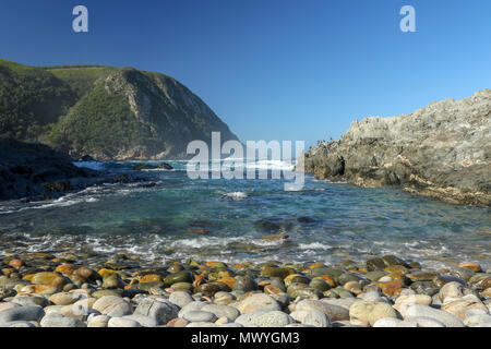 Landschaft von Pebble Beach in den Tsitsikamma National Park, mit Blick über den Indischen Ozean zum Storms River Mouth Stockfoto