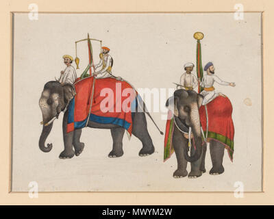 . Englisch: Eine der sechs Zahlen aus feierliche Prozession der Mughal Kaiser anlässlich des Id. Objekt: Gouache Ort der Herkunft: Delhi, Indien (gemacht) Datum: Ca. 1840 (lackiert) Künstler/Teekocher: Mazhar Ali Khan (möglicherweise) (Künstler) Materialien und Techniken: Gouache Museum Anzahl:. 486-1950 Galerie Lage: In Speicher Download Bild Weitere Informationen Karte Download PDF-Version physische Beschreibung zwei Elefanten, die Fisch und Sonne Insignien der Mughal Souveränität. Eines der sechs Bilder von der feierlichen Prozession des Mughal Kaiser anlässlich des Id. Pla Stockfoto