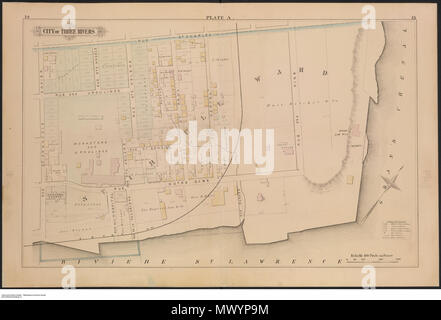 . Englisch: Los ist ein Fire Insurance Plan der drei Flüsse (Trois-Rivières), Quebec. Es ist von der tatsächlichen Erhebungen und Records' und wurde produziert von und unter der Aufsicht von H.W. Hopkins, Bauingenieur.' Seiten sind nummeriert 6-87. Es umfasst zwei Nicht nummerierte Seiten: eine Titelseite und Tabelle der cotents Seite. Seite 6-7 zeigt die "Carte de Cite de Trois Rivieres. Comte de St. Maurice' während Seite 10 & 11 zeigt die "Comte de St. Maurice, Prov. Quebec". Seiten 14-55 zeigt Platten A-K. Alternative Seiten sind leer. 4 März 2010, 09:22:31. Provincial Vermessung Pub. Co (1879) 81202/77-R 6990-974-5-E-G 1146. S 24 H Stockfoto