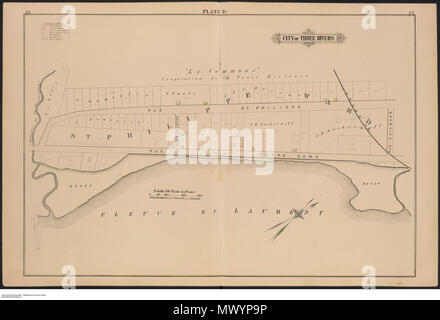 . Englisch: Los ist ein Fire Insurance Plan der drei Flüsse (Trois-Rivières), Quebec. Es ist von der tatsächlichen Erhebungen und Records' und wurde produziert von und unter der Aufsicht von H.W. Hopkins, Bauingenieur.' Seiten sind nummeriert 6-87. Es umfasst zwei Nicht nummerierte Seiten: eine Titelseite und Tabelle der cotents Seite. Seite 6-7 zeigt die "Carte de Cite de Trois Rivieres. Comte de St. Maurice' während Seite 10 & 11 zeigt die "Comte de St. Maurice, Prov. Quebec". Seiten 14-55 zeigt Platten A-K. Alternative Seiten sind leer. 4 März 2010, 09:22:51. Provincial Vermessung Pub. Co (1879) 81202/77-R 6990-974-5-E-G 1146. S 24 H Stockfoto