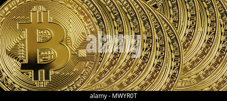 Hintergrund der vielen symbolischen goldenen Münzen von bitcoin crypto Währung, neue digitale Geld in cyber Welt Stockfoto