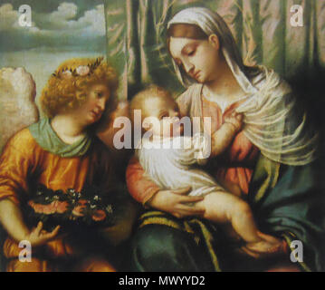 . Madonna mit Kind und ein Engel. Italiano: Madonna col Bambino e un Angelo (moretto). 1540. RobyBS 89 386 Madonna col Bambino e un Angelo (moretto) Stockfoto