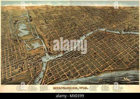 . Englisch: birdseye View von Milwaukee, Wisconsin im Jahre 1872. Perspektive der Karte; nicht maßstabsgetreu. . 1872 (veraltet) 417 Milwaukee birds Karte von Bailey (1872). Loc call Nr. g4124 m-pm 010450 Stockfoto