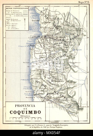 . Mapa de la antigua Provincia de Coquimbo, equivalente a la tatsächliche IV Región de Coquimbo, Chile, hacia 1895. 1897. F.A. Fuentes 504 Provincia de Coquimbo-1885 Stockfoto