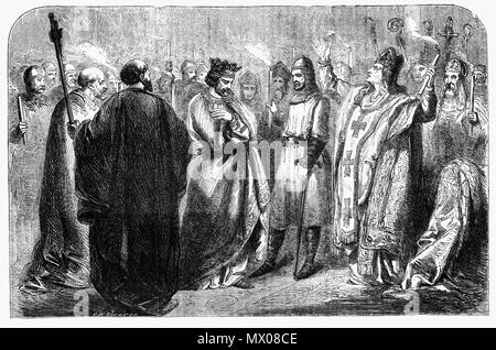 1220 die Geschicke von König Heinrichs III Regierung begann zu verbessern. Nach einer zweiten Krönung die Autorität des Königs zu bekräftigen, Henry versprochen, die Befugnisse der Krone wiederherzustellen und die barons vereinbart, die Königsschlösser, zurück zu geben und ihre Schulden an die Krone zu zahlen. Im Austausch für die Zustimmung zu unterstützen Henry, der barons verlangte, dass der König die Neuauflage der "Magna Carta" der eigenen "spontaner und freier Wille" und bestätigen Sie mit dem königlichen Siegel, die große Charta von 1225 mehr Autorität als vorherige Versionen. Die Bischöfe Exkommunikation gedroht, gegen alle, die gegen die Cha Stockfoto