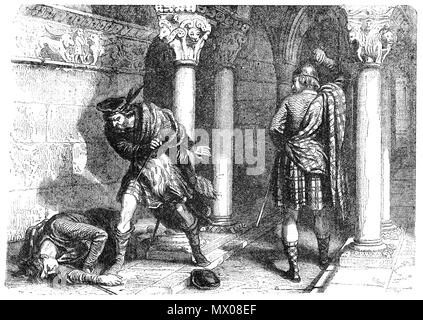 John III Comyn, aka Herr der Badenoch, Herr von Lochaber und die Rote Comyn (1269 - 1306), war ein schottischer Edelmann während des Ersten Krieges der schottischen Unabhängigkeit, und der Wächter von Schottland während des Zweiten Interregnum. Comyn wurde von Robert the Bruce (1274 - 1329) Vor dem Hochaltar der Greyfriars Kirche in Dumfries am 10. Februar 1306 Nach einem Streit getötet. Obwohl Bruce vom Papst exkommuniziert wurde er schnell bewegt, um den Thron zu erlangen und wurde gekrönt und blieb König von Scots am 25. März 1306 bis zu seinem Tod im Jahr 1329. Stockfoto