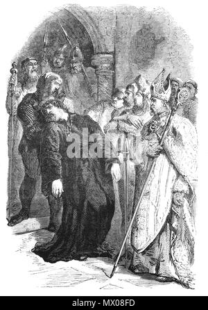 Am 12. Januar 1327 der führende Barons und Klerus vereinbart, dass schwache König Edward II Führung und persönlichen Störungen das Königreich in die Katastrophe geführt hatte. Am 20. Januar, Henry von Lancaster und die Bischöfe von Winchester und Lincoln met mit Edward in Kenilworth Castle, um ihm mitzuteilen, dass er, wenn er als Monarch abzufinden, sein Sohn Prince Edward ihm gelingen würde. Wenn er nicht zu tun, sein Sohn würde enterbt werden und die Krone zu einem alternativen Kandidaten gegeben. Edward vereinbart, abzudanken und eine Proklamation wurde nach London geschickt, in dem er bekanntgab, daß Edward frei sein Königreich abgefunden hatte. Stockfoto