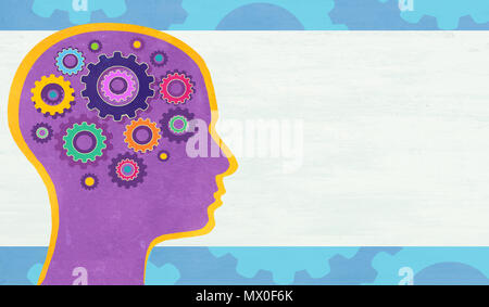 Abbildung mit menschlichen Kopf mit Zahnrädern in abstrakten Stil auf weißem Hintergrund. Kreativer Kopf. Abstrakte Technologie Hintergrund. Stockfoto