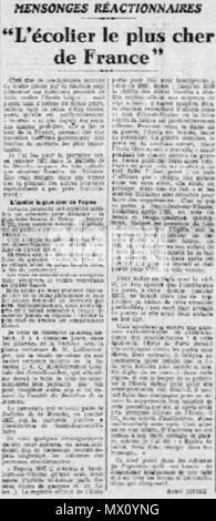 . Français: Extrait du Journal Le Populaire n° 2133 du 7 Dezember 1928 à propos de L'écolier le plus cher de France", polémique à propos de l'Ecole Publique de Saint-Jean-sur-Vilaine. 4 November 2016, 05:29:58. Anonym 538 Saint-Jean-sur-Vilaine Ecole Le populaire Stockfoto