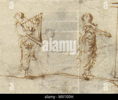 . Englisch: Clipping von Utrecht Psalter, zeigt eine 2 Männer mit einem cythara (rechts) und Harfe oder Psalter. Die Darstellungen des cytharas im Utrecht-psalter haben als Beweis in der Encyclopaedia Britannica 1911, dass die Gitarre von Änderung der Kithara - Leier entwickelt wurde. 1. Januar 850. Unbekannt 624 Utrechts-Psalter Psalm-80 Kithara und Harfe Stockfoto