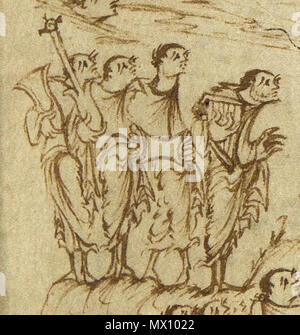 . Englisch: Clipping von Utrecht Psalter, das einen Mann zeigt, die eine cythara (links), mit einer Pauke (genannt, die im Text) oder Drum. Die Darstellungen des cytharas im Utrecht-psalter haben als Beweis in der Encyclopaedia Britannica 1911, dass die Gitarre von Änderung der Kithara - Leier entwickelt wurde. 1. Januar 850. Unbekannt 624 Utrechts-Psalter Psalm-149-PS-150 psalterio cythara Trommel Pauke Stockfoto