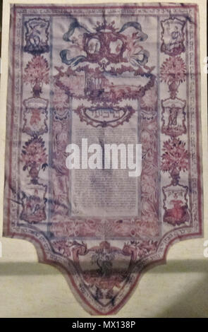 . Englisch: Das ist ein Foto von einer Ausstellung in der Diaspora Museum, Tel Aviv-en: Beit Hatefutsot. 8. August 2011. Unbekannt 339 Ketubah, Rom 1771 Stockfoto