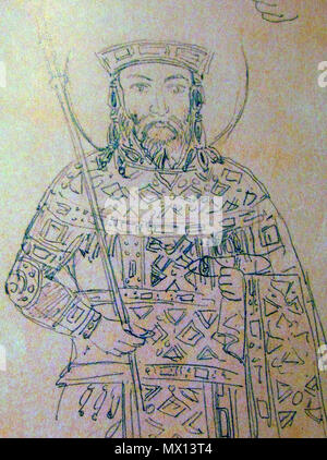 . Englisch: Johannes V. Palaiologos, Holding akakia, Ca. 1354/1355. Fossati Zeichnung des Mosaiks, Nordseite des großen östlichen Bogen in der Hagia Sophia in Konstantinopel. 1847. Gaspare Fossati (1809-1883) und Giuseppe Fossati (1822-1891) 323 Johannes V. Palaiologos, Fossati Zeichnung von Mosaik in der Hagia Sophia Stockfoto