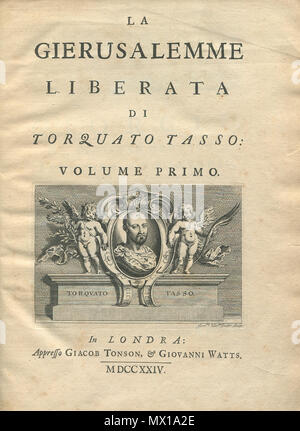 . Englisch: Titel Seite eines 1724 Edition im Italienischen gedruckt in England von Tasso von Jerusalem befreit. 13. Mai 2012. Tonson und Tasso 588 TassoGerusalem 1724 TP Stockfoto