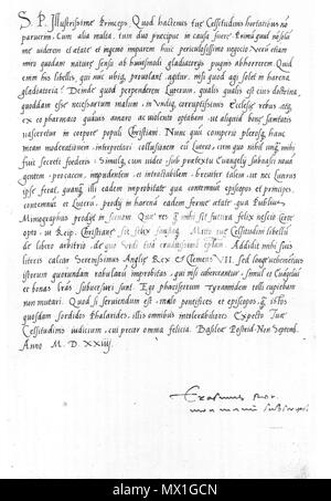 . Englisch: ein Brief von Erasmus zu Georg, Herzog von Sachsen, erklärt Erasmus' Ansichten von Luther und der Reformation. Sächsisches Staatsarchiv, Hauptstaaatsarchiv Dresden, 10024 Kassel (Geheimes Archiv), Locat 10300/4, der Sel. 26. Deutsch: Schreiben des Erasmus ein Herzog Georg von Sachsen: Erasmus begründet seine Stellung zu Luther und der Reformation. Sächsisches Staatsarchiv, Hauptstaaatsarchiv Dresden, 10024 Kassel (Geheimes Archiv), Locat 10300/4, der Sel. 26. 1524. Erasmus 193 Erasmus, Brief an Georg, Herzog von Sachsen Stockfoto