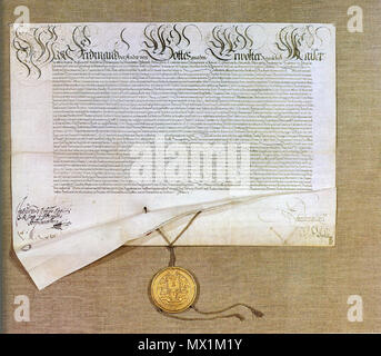 . Englisch: Charta der Kaiser Ferdinand II. enfeoffing Elector-Duke Maximilians I. von Bayern mit der kurwürde der Kurpfalz. München, Bayerisches Hauptstaatsarchiv, Kurbayern Urk. 22118. English: Urkunde Kaiser Ferdinands II. - Belehnung des Herzogs Maximilian I. von Bayern mit der pfälzischen Kurwürde. München, Bayerisches Hauptstaatsarchiv, Kurbayern Urk. 22118. Februar 25th, 1623. Kaiser Ferdinand II. 187 Kaiser Ferdinand II., Charter Stockfoto