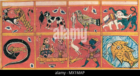 . Englisch: Gewalt (Himsa) Gouache auf Papier, XVII Jahrhundert, Gujarat. Zeigt Tiere der Beute mit ihren Opfern. Das fürstliche Paar symbolisiert Liebe, das ist ein weiterer Anlass für Gewalt. 21. März 2012. Unbekannt 159 Darstellung von Gewalt in Gujarat Stockfoto
