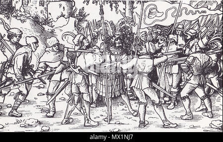 . Englisch: revoltierenden Bauern mit der bundschuh Flagge umschließt einen Ritter. Abbildung aus einem 1539 Buch. 1539. Unbekannt 519 aufständischen Bauern Stockfoto