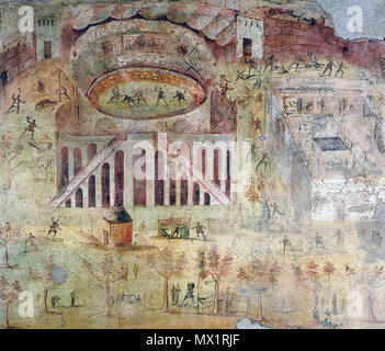 . Italiano: Museo Archeologico Nazionale di Napoli (Inv. nr. 112222). Da Pompeji, Casa della Rissa nell'Anfiteatro (I, 3, 23) - L'Affresco, famosissimo, è uno dei pochi che Mostra un'ambientazione Ed un episodio realistici. E "ritratto fedelmente l'anfiteatro di Pompei, con le Mura della Città alle spalle Sue e la Grande palestra con Piscina centrale Alla sua destra. L'episodio ritratto è quello della rissa Nucerini Pompeiani scoppiata Fra e nell'anno 59 d.C. in Cui ci furono numerosi Morti, Tanto da indurre il Senato Romano ein proibire nell'anfiteatro di Pompei l'esecuzione dei Giochi gladiato Stockfoto