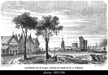 . Français: Le bâtiment de la Gare de La Rochelle-PO, ouverte En 1857. Scan le 2012-07-29, Tiefdruck imprimée En 1862. Tiefdruck signée D. Lancelot et G. Maurand, d'après un Croquis de M. A. d'Hastrel 235 Gare-La-Rochelle-PO -1857 Stockfoto