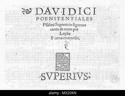 . Français: Titla Seite von Loyset Pieton's Psalmi poenitentiali (Lyon: Jacques Moderne, C. 1530). 1530. Loyset Piéton (Fl. 1530-1540). 484 Pieton - Psalmi poenitentiali 1530 Stockfoto