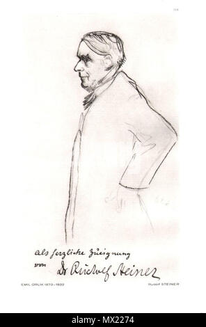 . English: Dr. Rudolf Steiner, gezeichnet von Emil Orlik, mit handschriftlichen Widmung von Steiner. Datum unbekannt. Emil Orlík (1870-1932) Alternative Namen: Emil Orlík Tschechische Beschreibung tschechischen Maler und Lithograph Datum der Geburt / Tod 21. Juli 1870 28. September 1932 Ort der Geburt / Todes Prag Berlin Authority control: Q 379150 VIAF: 49390293 ISNI: 0000 0001 0899 3252 ULAN: 500005216 82165925 LCCN: n GND: 118590243 WorldCat 170 Dr. Rudolf Steiner, von Emil Orlik Stockfoto