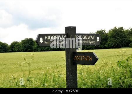 "Ridgeway eingeschränkt Byway' und 'Wanderweg' Zeichen Uffington White Horse Hill, Faringdon, Oxfordshire, Großbritannien Stockfoto