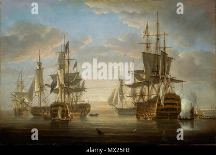 . Français: Le tableau représente les Cinq vaisseaux nicht fr: Horatio Nelson a été Kommandant ou qui Lui ont Servi de Vaisseau - Amiral. Au Fond à gauche se trouve le HMS Agamemnon, devant Lui le HMS Vanguard, et au premier Plan à gauche le HMS Elefant. Au Fond à droite auf peut voir le HMS Captain et au premier Plan à droite se trouve le HMS Victory. 17 Januar 2013, 11:22:30. Nicholas Pocock 440 Nelson der Flaggschiffe am Anker Stockfoto