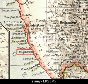 . English: Deutsch-Südwestafrika: Lüderitzland (1905). Nachbearbeitung: Bogen-Fels markiert Englisch: Deutsch-Südwest-Afrika: Lüderitzland (1905). Nachbearbeitung: mark Bogen-Fels. 14 Juli 2014, 15:47:18. Meyer, Hermann Julius (1826-1909) 3 095 deutsch-sudwestafrika (1905) Detail bogen-Fels Stockfoto