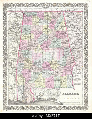 . Alabama. Englisch: Eine schöne 1855 Erste Ausgabe Beispiel Coltons Karte von Mississippi. Deckt den gesamten Staat sowie angrenzende Teile von Georgia und Mississippi. Wie die meisten Coltons state Maps, diese Karte ist weitgehend von einer früheren Karte von Nordamerika produziert von Colton und D. Griffing Johnson abgeleitet. Colton identifiziert verschiedene Städte, Städte, Festungen, Flüsse, Stromschnellen, Furten, und eine Auswahl an zusätzlichen topographischen Details. Karte ist von Hand eingefärbt in den Farben rosa, grün, gelb und blau Pastell Grafschaft und staatliche Grenzen zu definieren. Durch Coltons typischen Spirale Motiv Rahmen umgeben. Vom Stockfoto