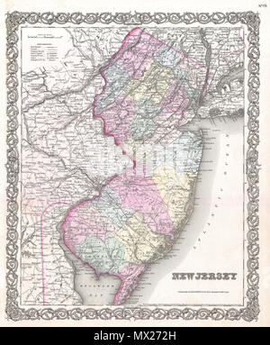 . New Jersey. Englisch: Eine schöne 1855 Erste Ausgabe Beispiel Coltons Karte von New Jersey. Abdeckungen New Jersey in voller sowie Teile der angrenzenden Staaten. Wie die meisten Coltons state Maps, diese Karte ist weitgehend von einer früheren Karte von Nordamerika produziert von Colton und D. Griffing Johnson abgeleitet. Colton identifiziert verschiedene Städte, Städte, Festungen, Flüsse, Stromschnellen, Furten, und eine Auswahl an zusätzlichen topographischen Details. Karte ist von Hand eingefärbt in den Farben rosa, grün, gelb und blau Pastell Grafschaft und staatliche Grenzen zu definieren. Durch Coltons typischen Spirale Motiv Rahmen umgeben. Veraltet und copyrigh Stockfoto