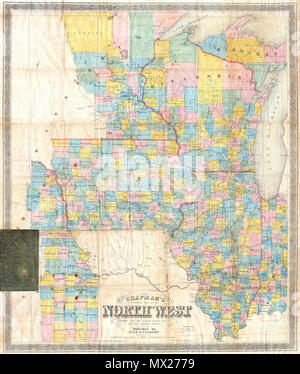 . Chapman's Township Karte von Nordwesten aus den Vereinigten Staaten Erhebungen und anderen authentischen Quellen zusammengestellt. Englisch: Angeboten wird eine überaus seltene pocket Ausgabe Karte der Staaten Illinois, Iowa und Wisconsin, mit Teilen von Michigan, Minnesota, Nebraska und Kansas. Gedruckt in 1857 von Silas Chapman und seiner Nachfolger, Dyer & Pasmore. Diese seltene Karte zeigt die Region ausführlich in Bezug auf politische und geographische Merkmale, sowie auf Eisenbahnen, Kanäle und Brücken. Mehrere amerikanische Indianerreservate festgelegt, einschließlich der Chippewa, Menominee und O Stockfoto